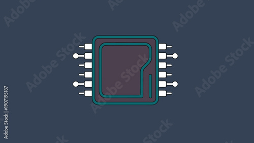 Modern linear circuit chip icon on dark background for technology and electronics concepts