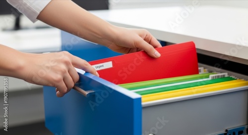Organized Office Drawer with Colorful File Folders and Papers