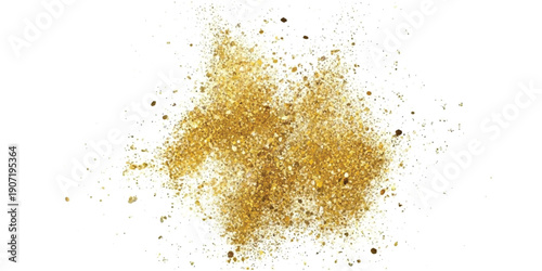 A small pile of golden glitter and fine dust particles scattered on a clean white background.