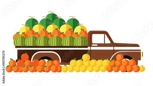 Vintage truck loaded with fresh oranges and watermelons in flat design