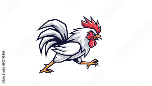 Fierce white rooster mascot with a bright red comb shown in an aggressive running pose in modern logo style.