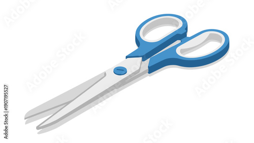 Isometric blue handled scissors on white background for school and office