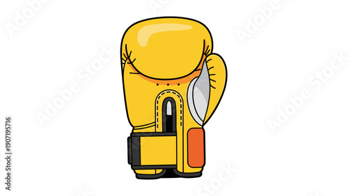 Yellow boxing glove with black and orange details on white background
