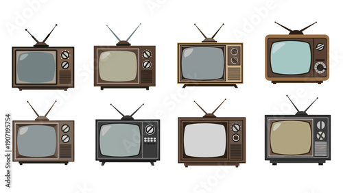 Vintage television set collection with retro designs and diverse styles