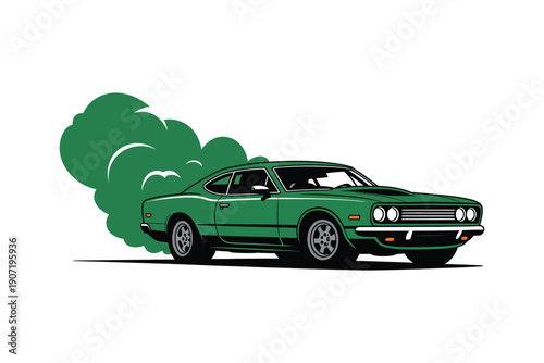 A green vintage car speeding with a cloud of smoke behind it on a white background