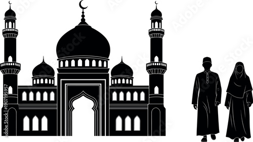 Islamic Mosque Silhouette with Muslim Couple Walking in Traditional Dress for Ramadan Kareem Eid Mubarak Celebration Greeting Card Background Vector