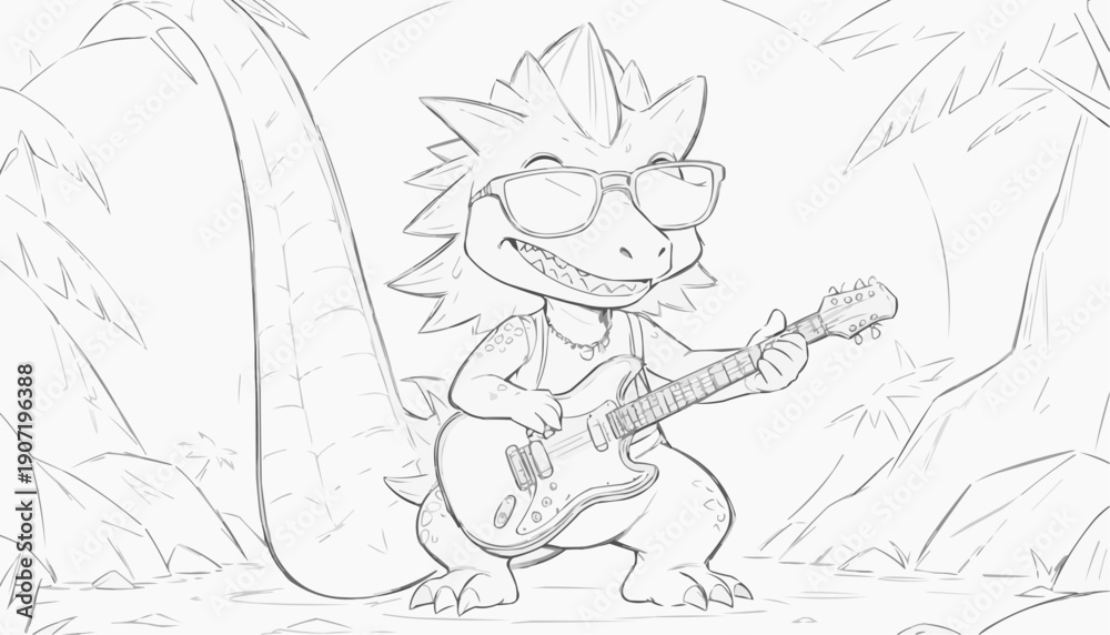Obraz premium Rockstar dinosaur in stylish sunglasses holding cool guitar, tropical background
