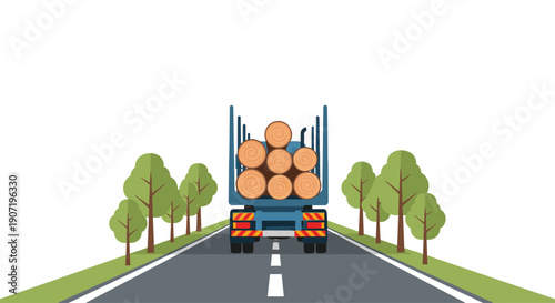 A large blue logging truck loaded with freshly cut timber logs drives away on a straight paved road with green trees on both sides.