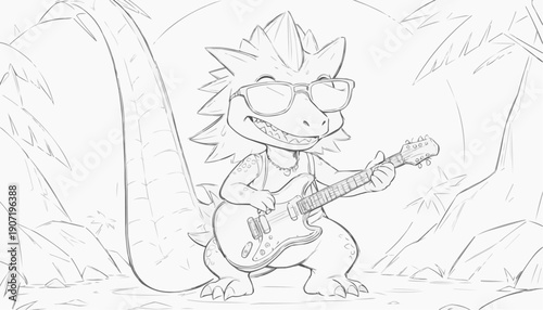 Rockstar dinosaur in stylish sunglasses holding cool guitar, tropical background