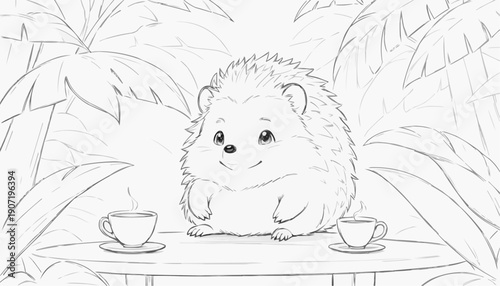 Hedgehog sitting peacefully with tea cups in tropical garden with large leaves