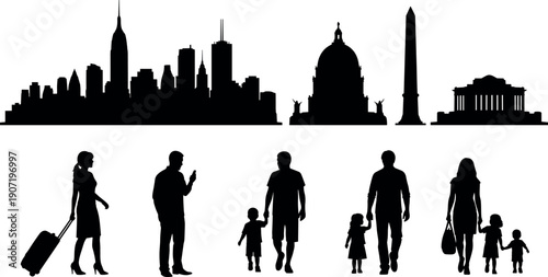 Black silhouettes of diverse people traveling and families walking with children set against a metropolitan city skyline and national monuments