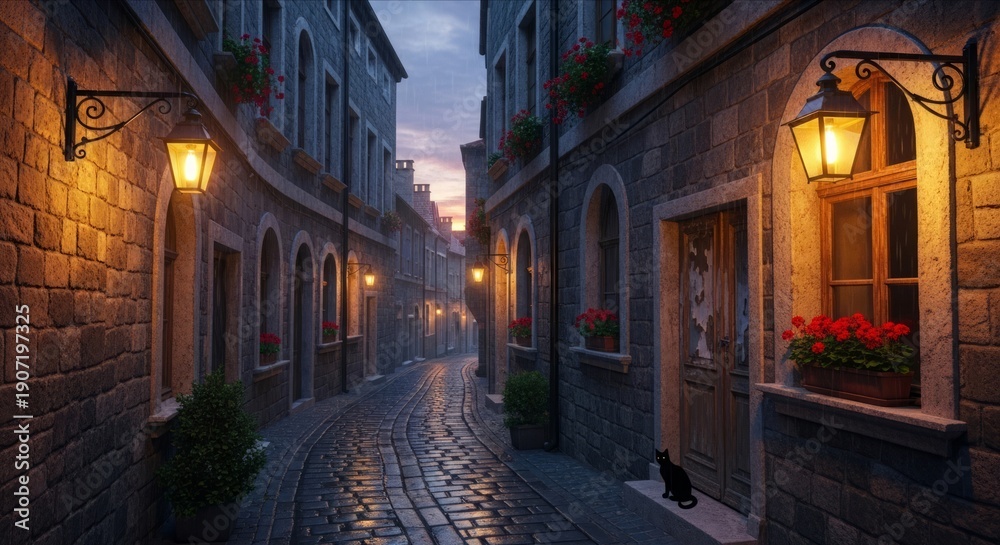 Fototapeta premium Charming Cobblestone Alleyway with Lanterns and Flower Pots
