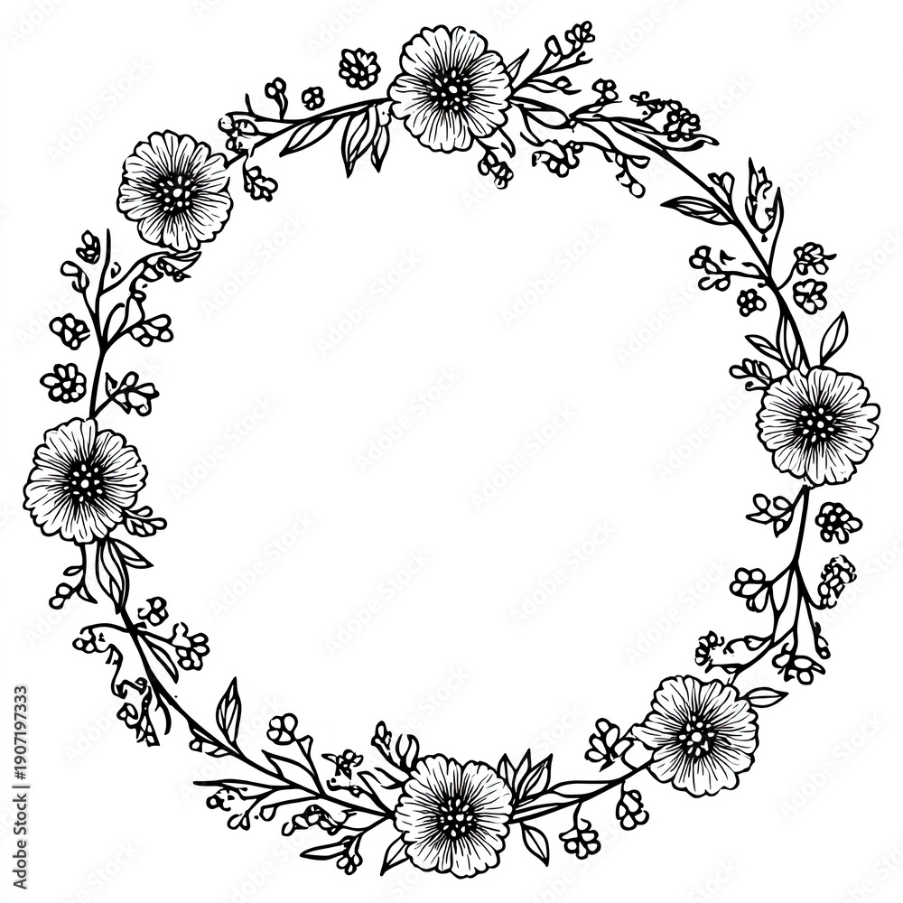 Fototapeta premium Black and white floral wreath illustration with flowers and leaves arranged in a circle