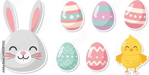 Adorable cartoon illustration set features a cute smiling bunny face surrounded by vibrantly decorated Easter eggs and a cheerful little yellow chick sticker element