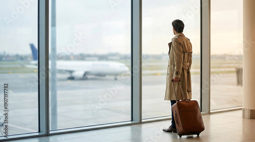 Male Traveler Looking at Airplane Through Large Airport Window Before Departure