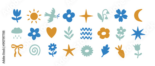 Minimal simple wavy naive groovy doodle spring icons 