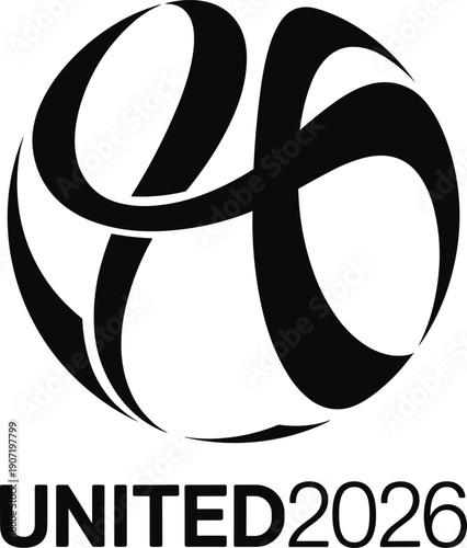 Global Logo with Text UNITED2026, Black and White Abstract Design