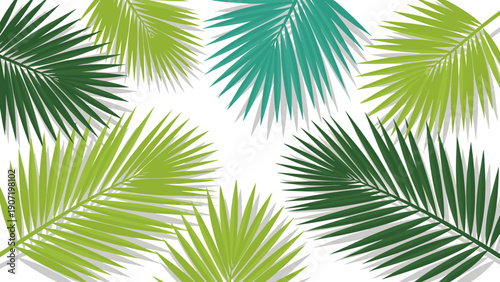 Tropical palm leaves pattern with green and teal tones on white background
