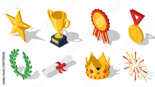 Isometric icons of awards and trophies with stars and crowns for achievement themes