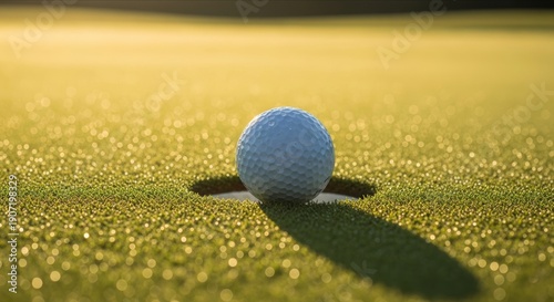 Close-Up of Golf Ball Near Hole on Dewy Green Grass at Sunset