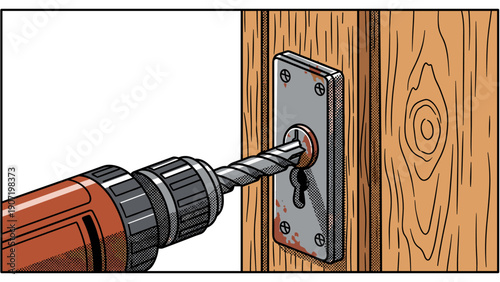 Retro style power drill working on wooden door lock
