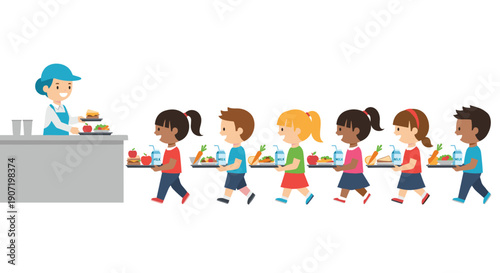 A cheerful line of diverse children walking past a smiling cafeteria worker, each holding a tray with a meal.