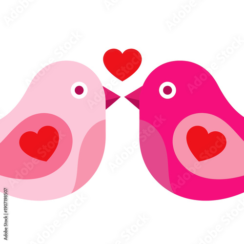 Two cartoon birds touching beaks with hearts in their chests and a heart above them.