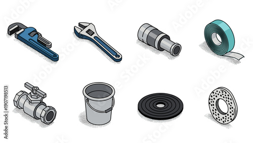 Isometric tools and equipment icons for construction and plumbing