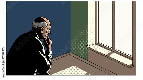 Elderly man reflecting by the window in pop art style