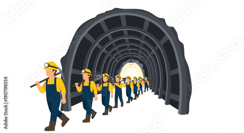 A long line of miners wearing yellow hardhats and blue overalls, walking through a dark arched mine tunnel.