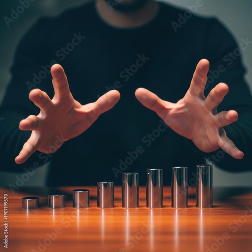 Man with hands outstretched over a row of test tubes on a wooden table
