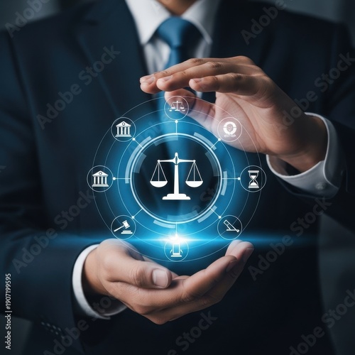 Businessman holding scales of justice with glowing blue technology interface