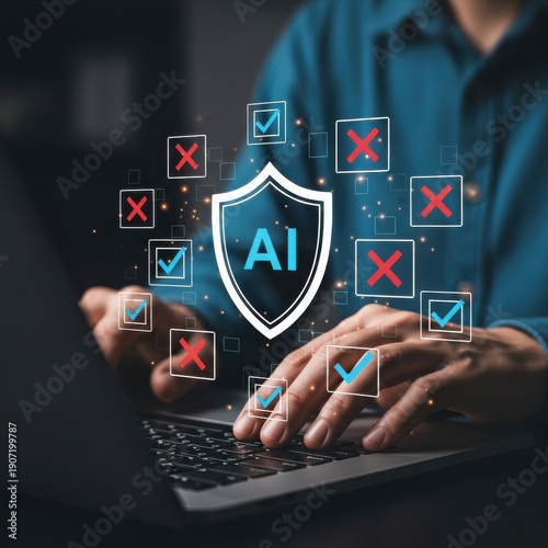 Ai shield and cybersecurity concept with person using laptop