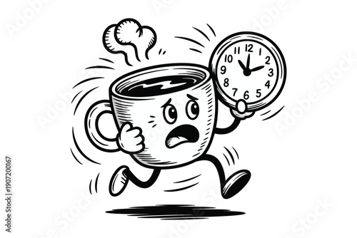 An anxious coffee cup character with a worried expression is running clutching a clock showing a late hour high-quality professional.