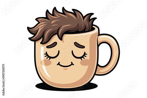A whimsical illustration depicts a face emerging from a coffee mug eyes closed in peaceful contentment with a warm color palette.
