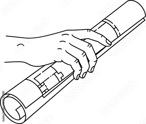 Hand holding rolled blueprint with architectural plans