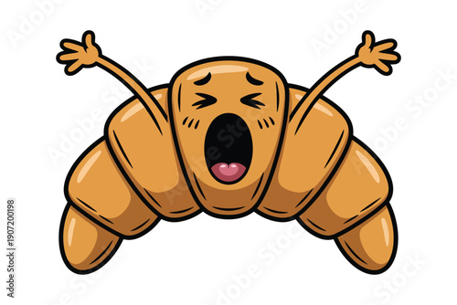A cartoon croissant shaped like a person stretches its arms upwards while yawning with a wide open mouth high-quality professional.