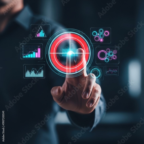 A futuristic interface with a red circle and various digital graphics