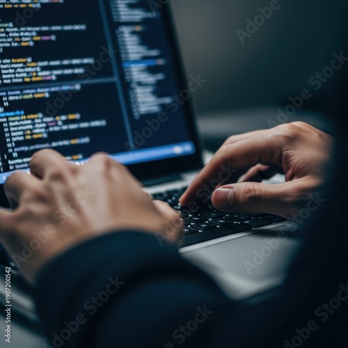 Person typing on laptop with code on screen in dark setting