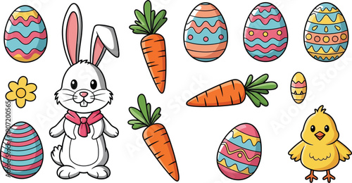 Adorable collection of stylized easter holiday stickers featuring a cute bunny carrots colorful decorated eggs and a little chick