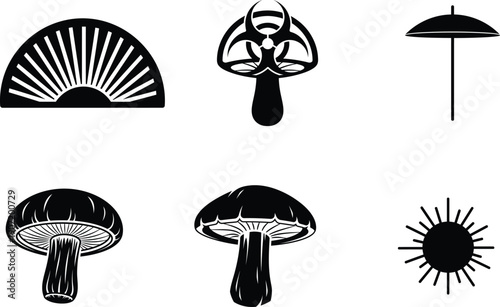 Black silhouettes of various fungi and umbrellas with sunburst designs
