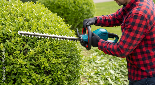 Professional Garden Maintenance: Man in plaid shirt using electric hedge trimmer on green bushes, backyard landscaping, horticulture worker, outdoor plant care, topiary and gardening concept