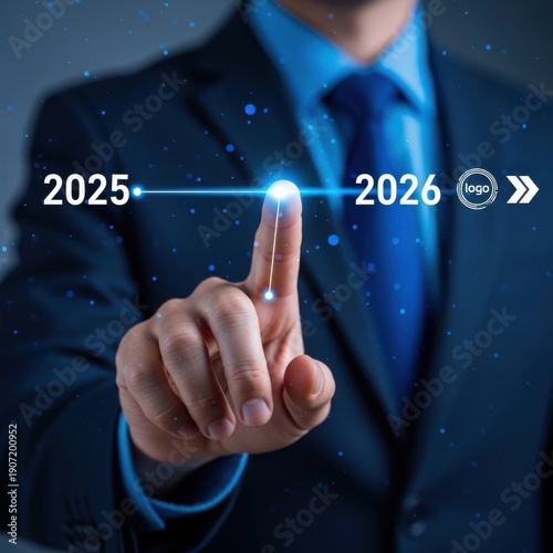 Businessman interacting with futuristic timeline interface for 2025 and 2026