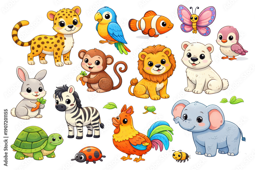 Fototapeta premium A colorful collection of cartoon animals including a lion monkey and zebra
