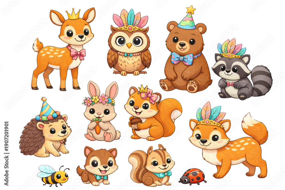 Obraz premium Charming woodland creatures wearing festive party hats and floral crowns