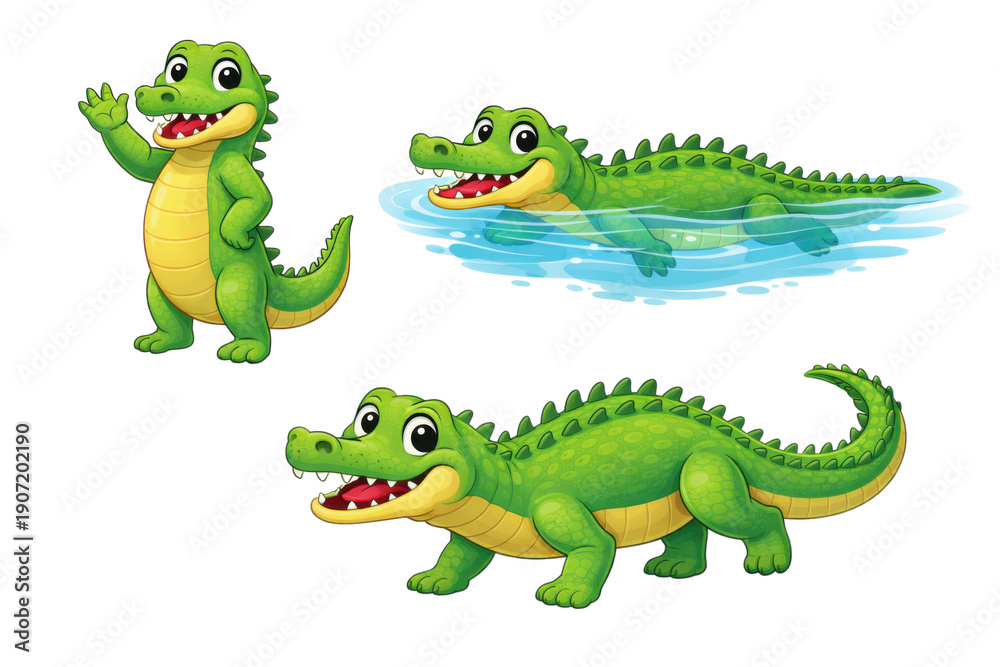 Naklejka premium Cartoon crocodiles in various poses standing swimming and partially submerged