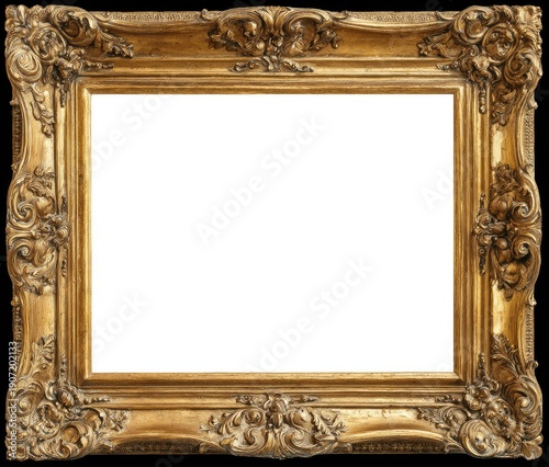 Ornate gold-gilded rectangular picture frame with intricate baroque detailing, empty inside