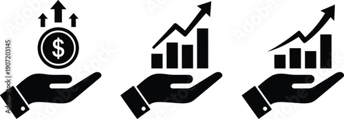 Business growth and financial success icons with hands