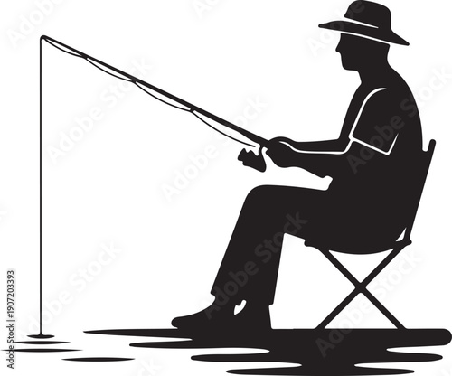 Man fishing in a chair with a fishing rod silhouette, man fishing from a folding chair silhouette, fishermen sitting and standing with fishing rods silhouette vector