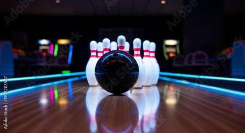 Bowling Ball Approaching Pins in a Neon-Lit Bowling Alley